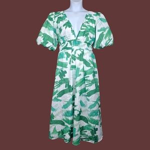 Gingham & Heels Womens White Green Splash V-Neck Safrina Midi Dress Size 14 NWT